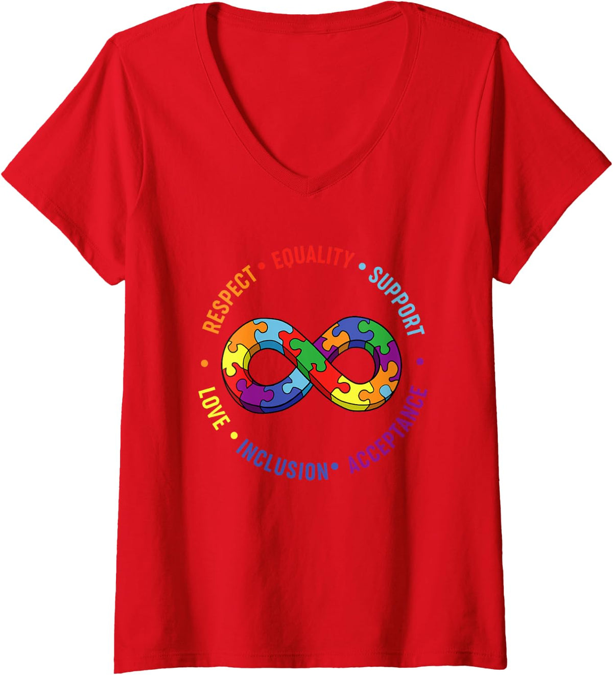 Womens Respect Equality Support Love Inclusion Acceptance Autism V-Neck T-Shirt - Red
