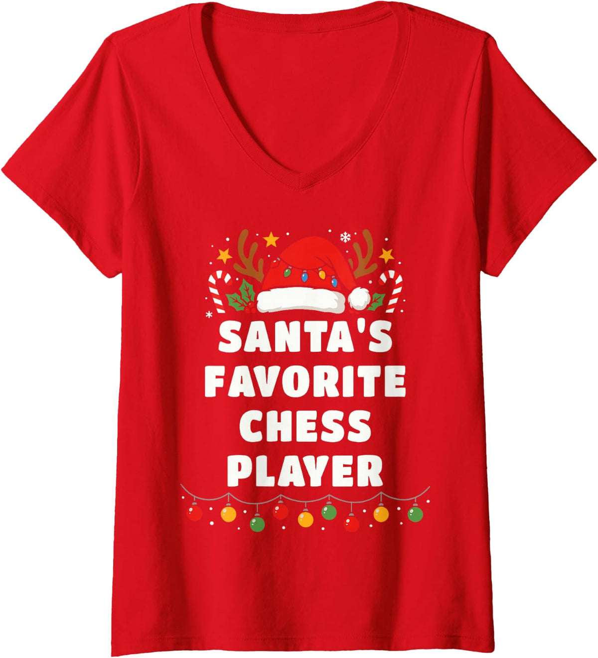 Women's Santa's Favorite Chess Player Funny Christmas Holiday Sport V-Neck T-Shirt - Red