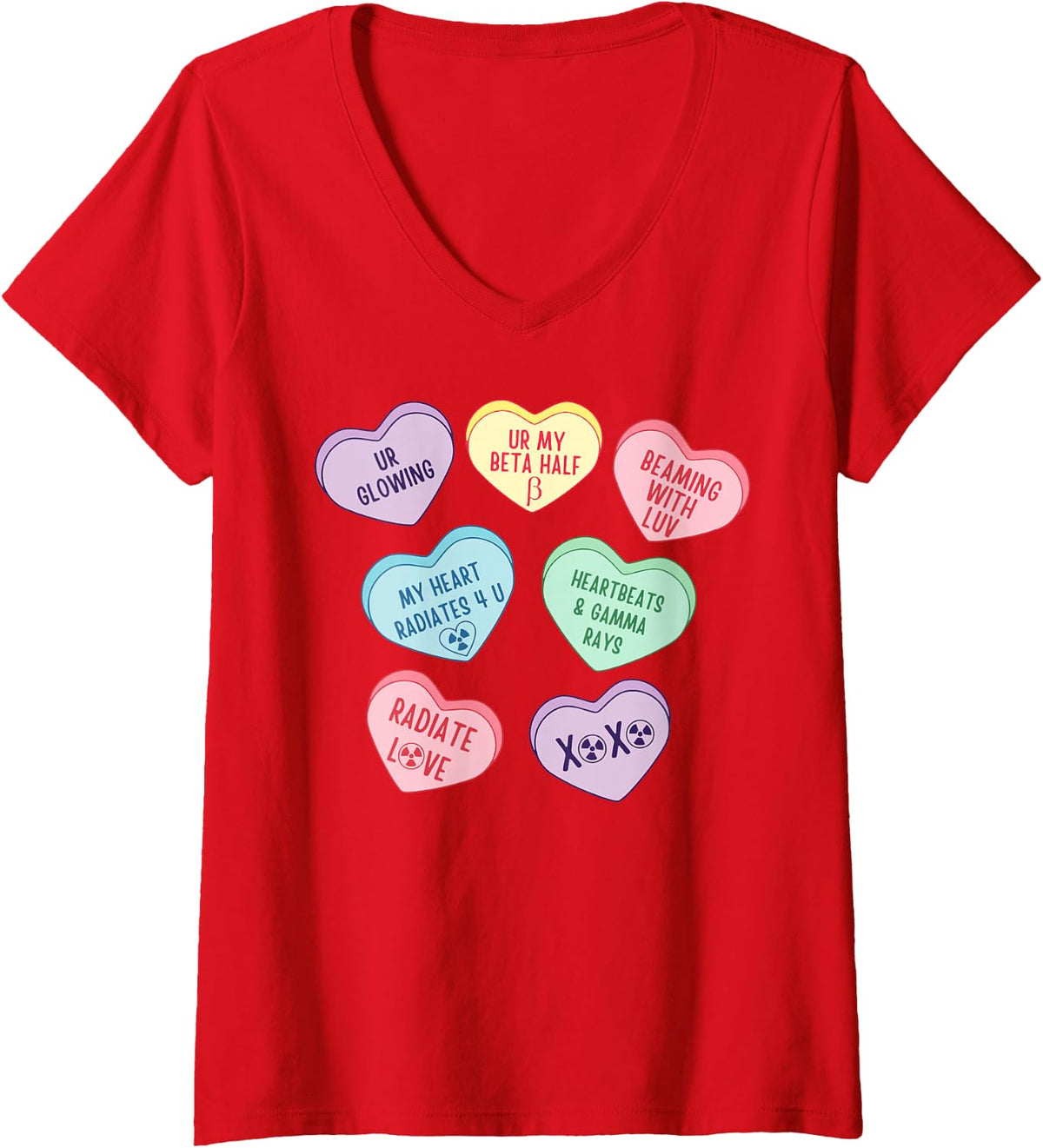 Women's Valentines Radiation Oncology X-ray Nuc Med NMT Candy Heart V-Neck T-Shirt - Red