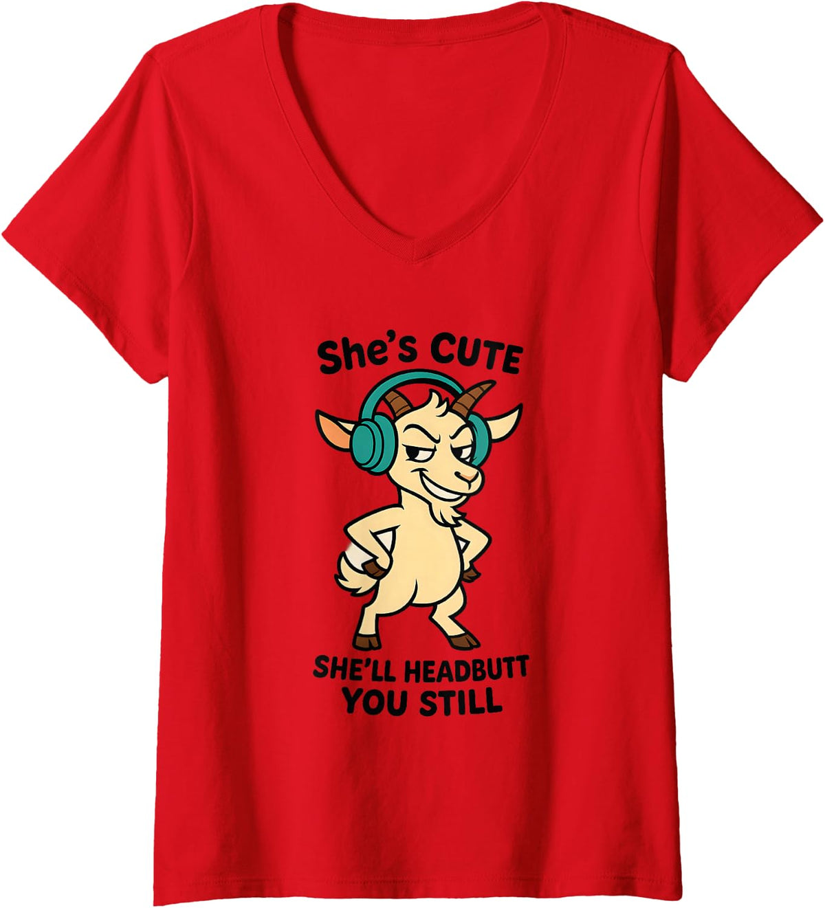 Women's Sassy Cartoon Goat with Teal Headphones Mischievous Grin V-Neck T-Shirt - Red