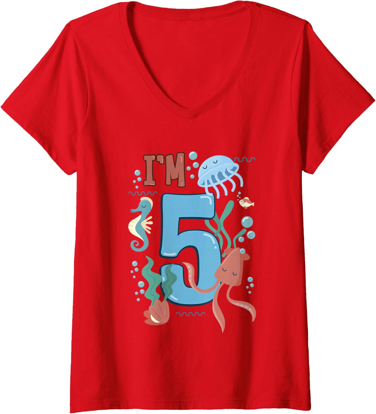 Women's I´m 5 Years Old Whale Shark Sea Animals Birthday V-Neck T-Shirt - Red