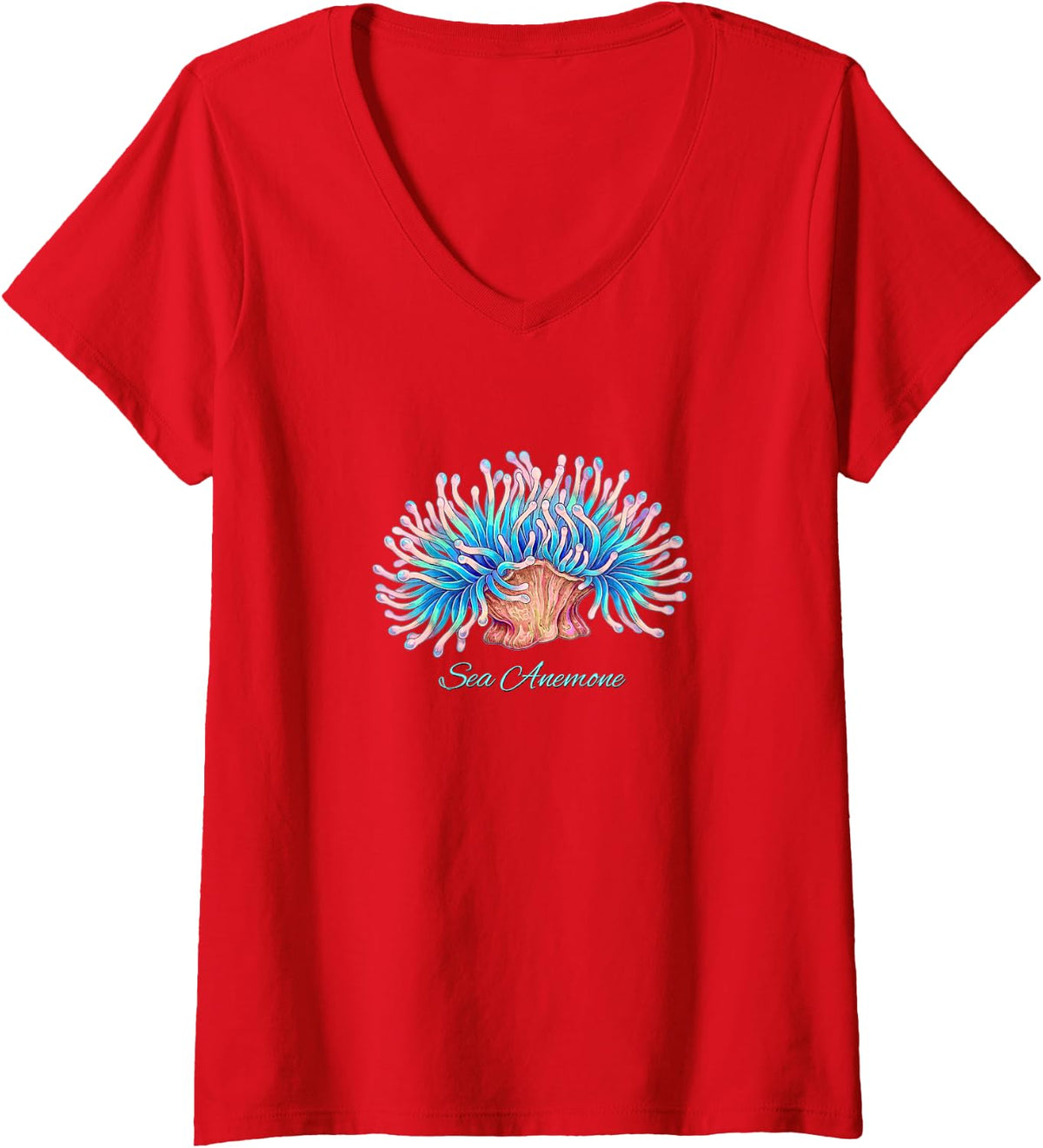 Women's SEA Anemone, Ocean Art, Marine Creatures, Scuba, Coral Reef V-Neck T-Shirt - Red
