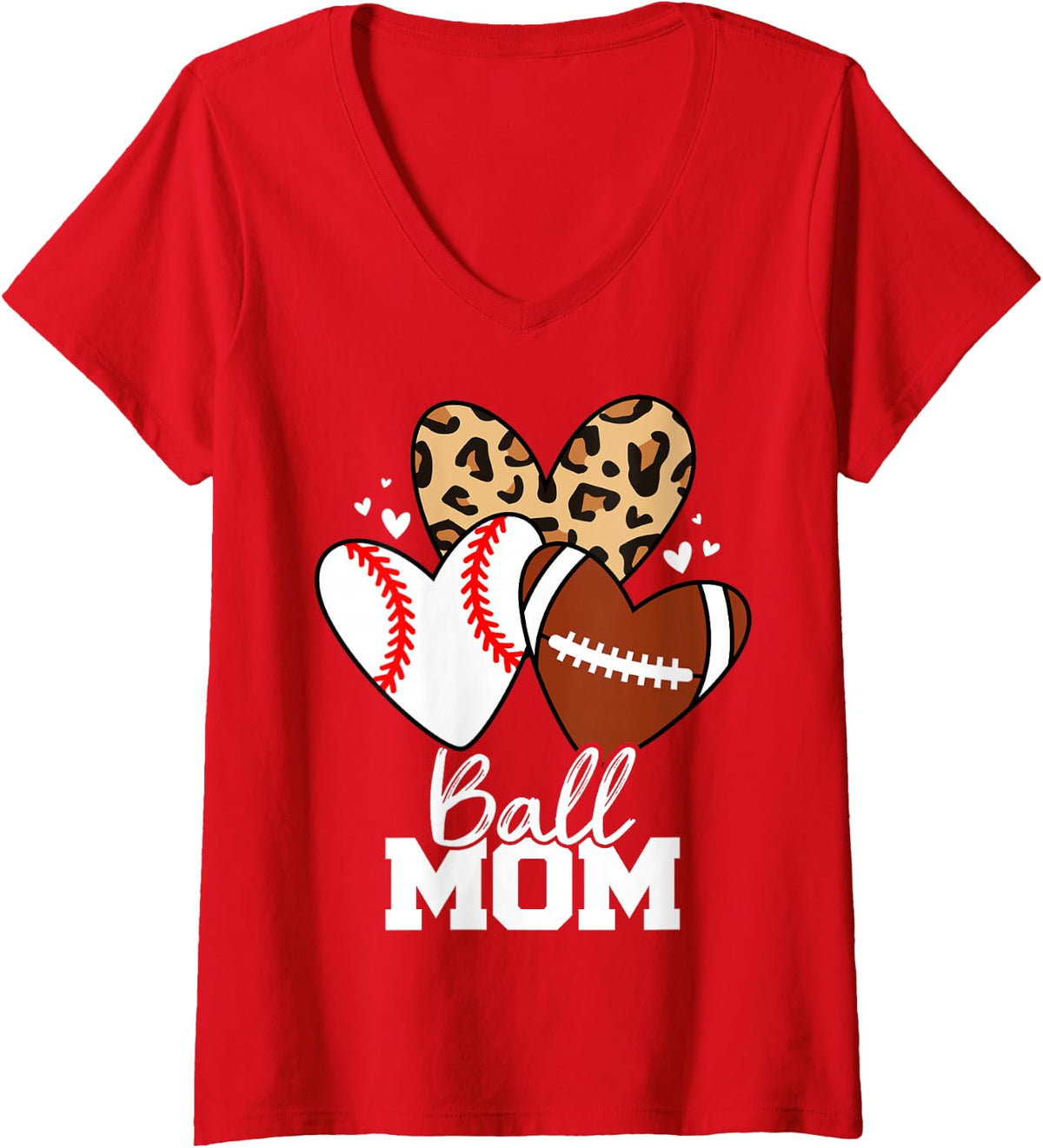 Women's Ball Mom Funny Football Baseball Mom Heart V-Neck T-Shirt - Red