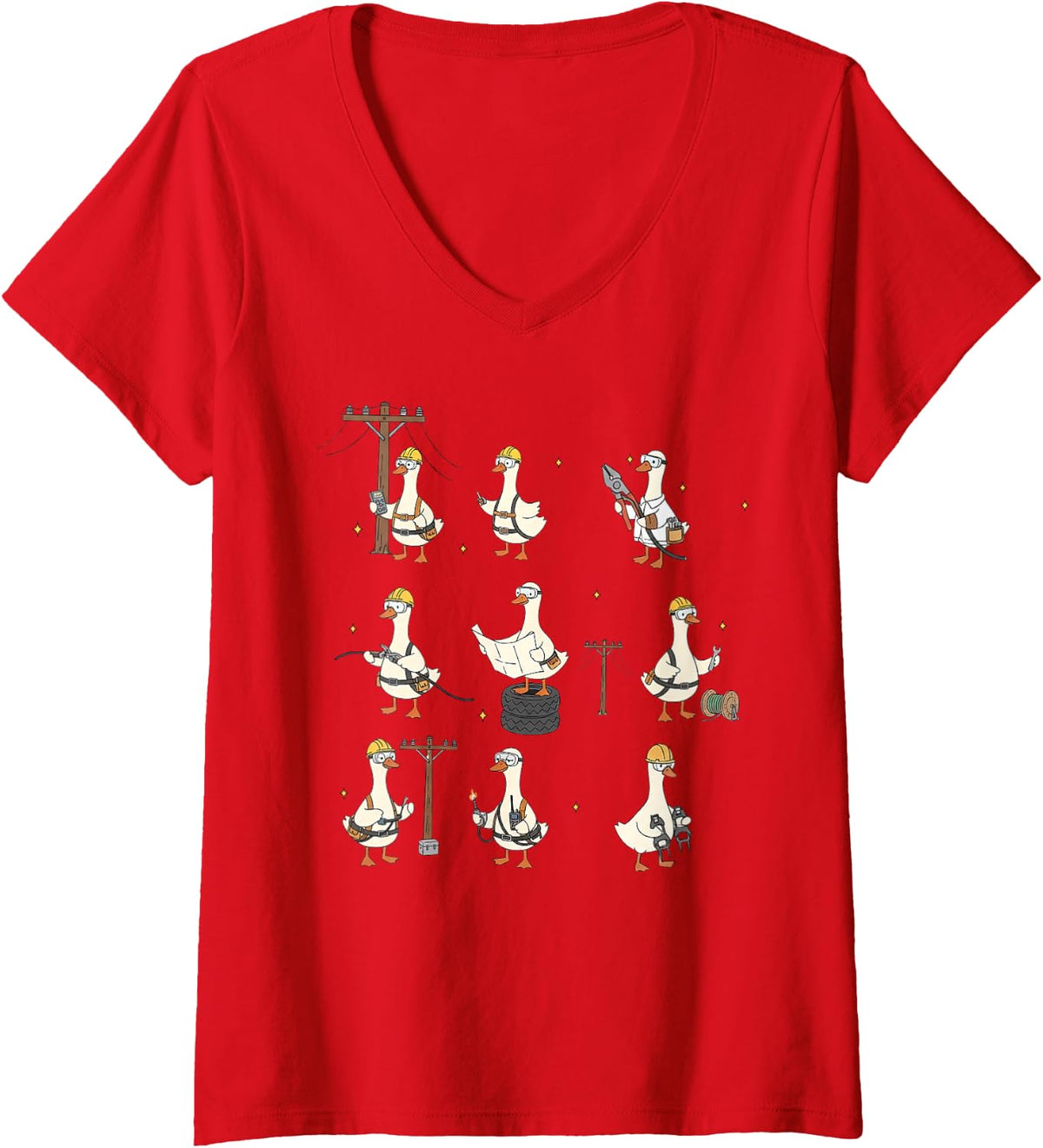 Women's Cute Silly Goose Lineman Power Electrical Lineworker Tech V-Neck T-Shirt - Red