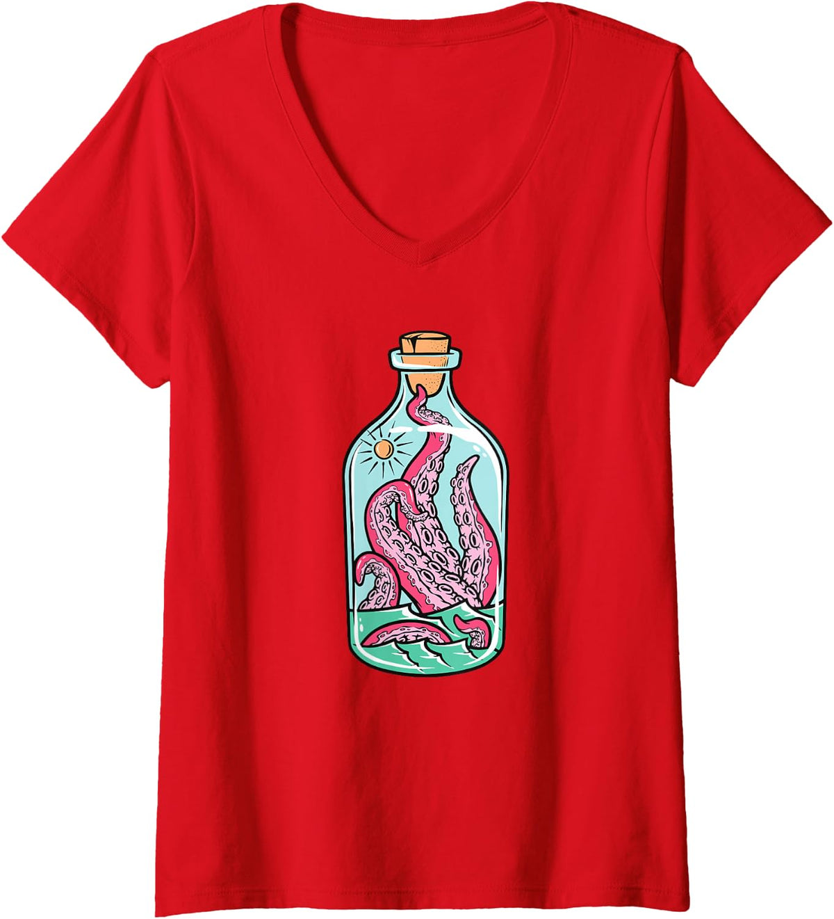 Women's Octopus in a Bottle V-Neck T-Shirt - Red