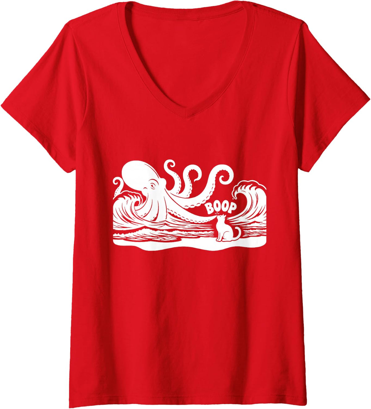 Women's Octopus Boop Cat Under Full Moon Funny Cute Fantasy Night V-Neck T-Shirt - Red