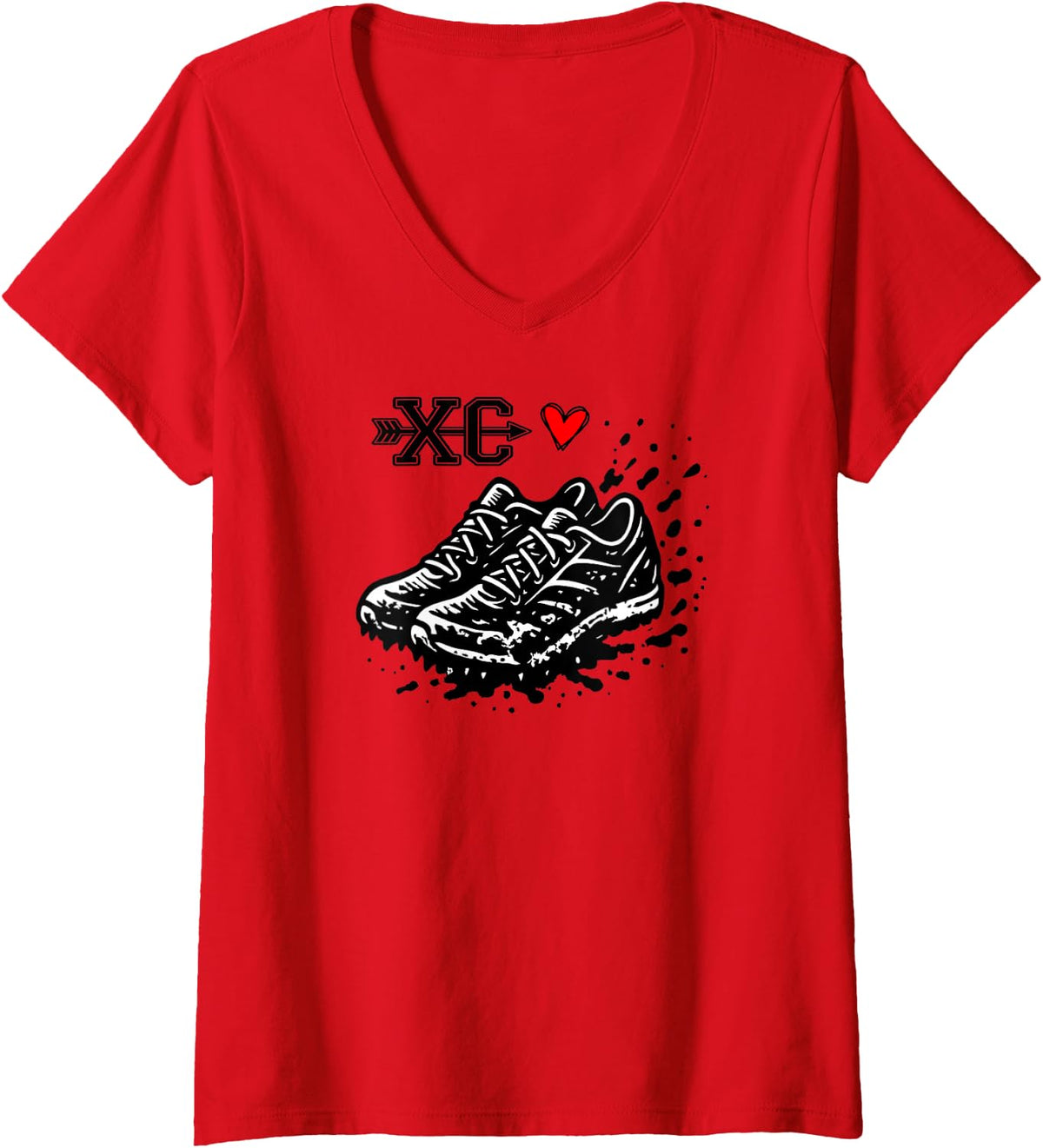 Womens Love Cross Country Running XC Runner Muddy Shoe V-Neck T-Shirt - Red