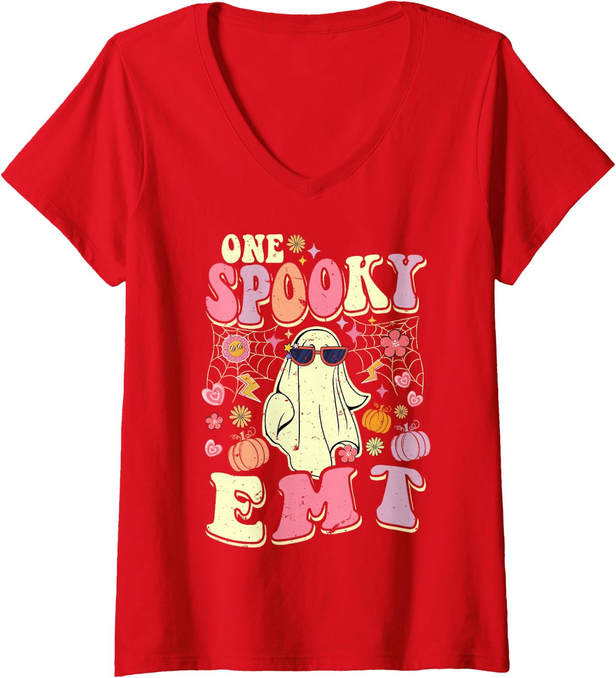 Women's One Spooky EMT Halloween Ghost Emergency Med Tech V-Neck T-Shirt - Red