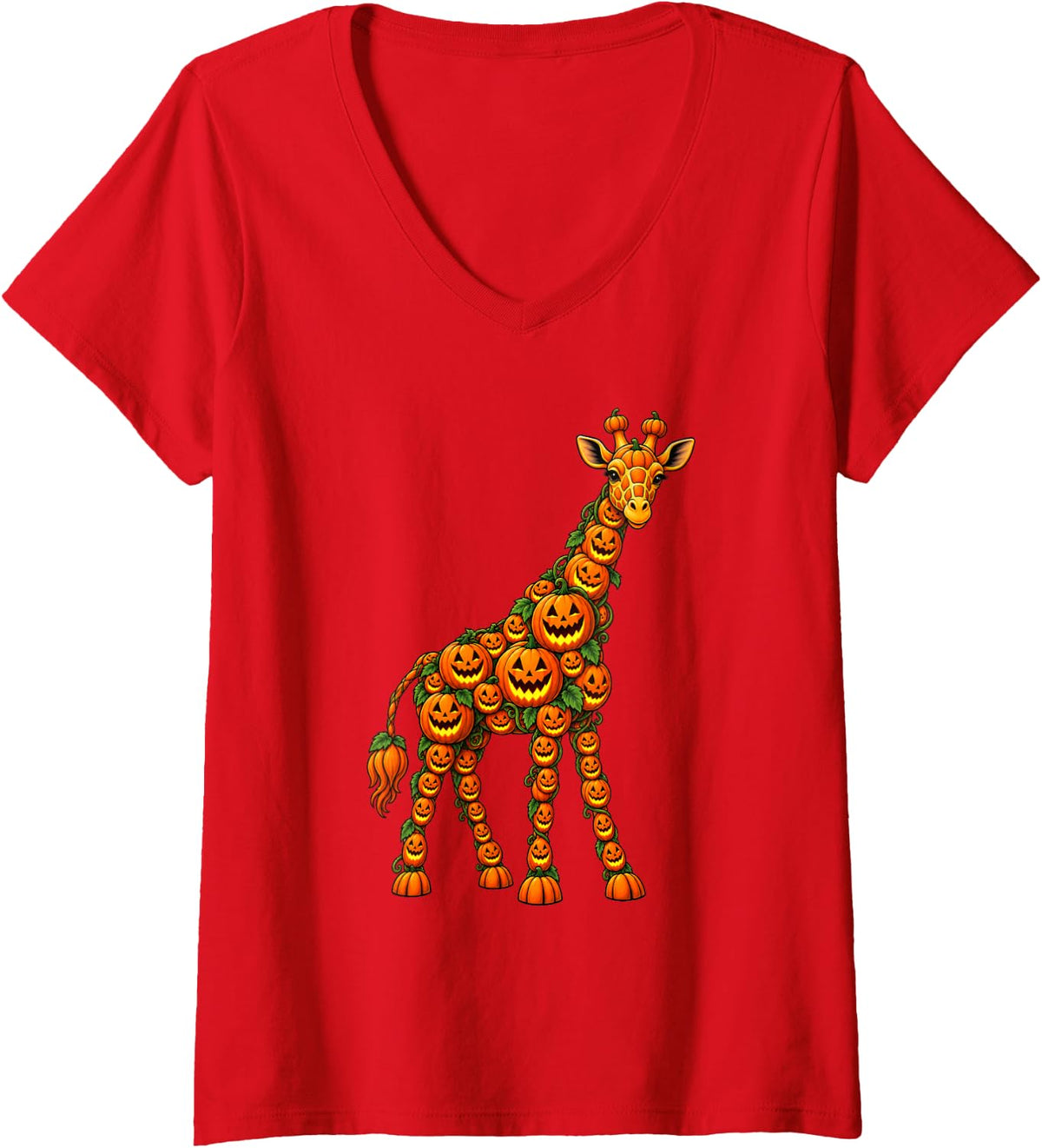 Women's Cute Giraffe Jack O Lantern Pumpkin Halloween V-Neck T-Shirt - Red