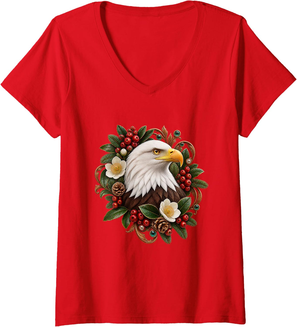 Women's Bald Eagle with Winter Berries V-Neck T-Shirt - Red