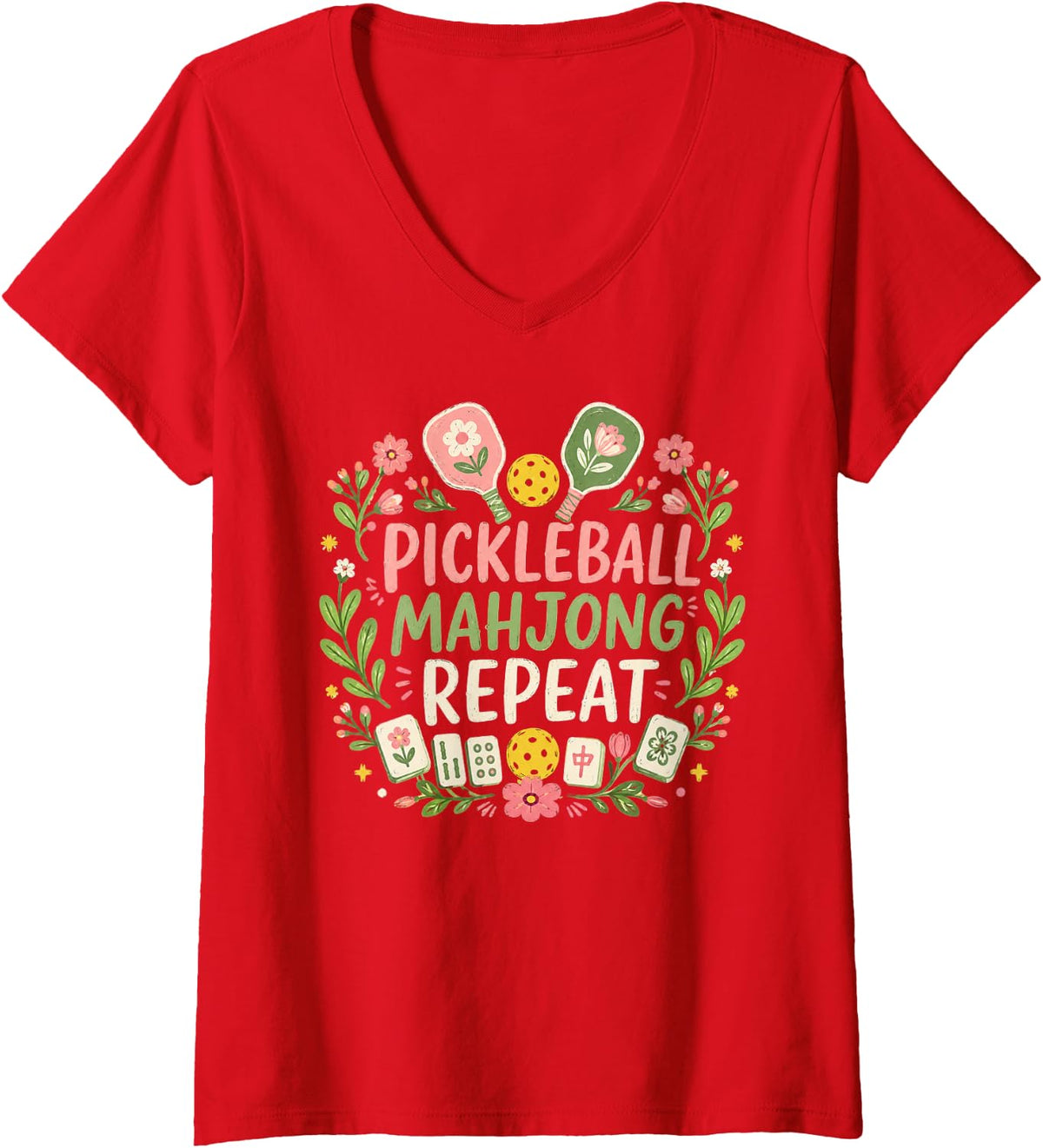 Women's Pickleball Mahjong Repeat Funny Game Lover Men Women V-Neck T-Shirt - Red