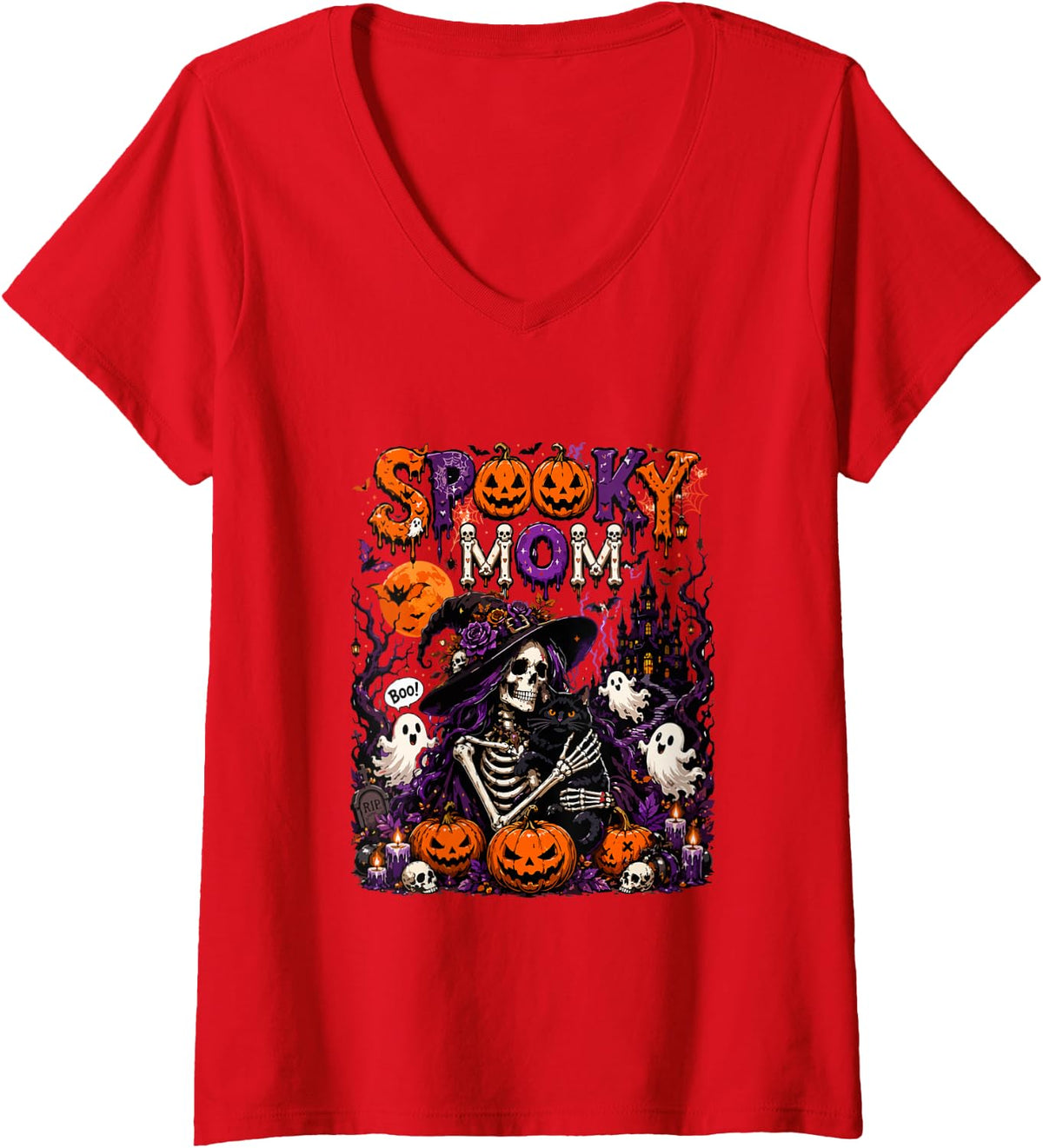 Women's Spooky Halloween Mom Horror Skeleton As Witch Boo Ghost V-Neck T-Shirt - Red