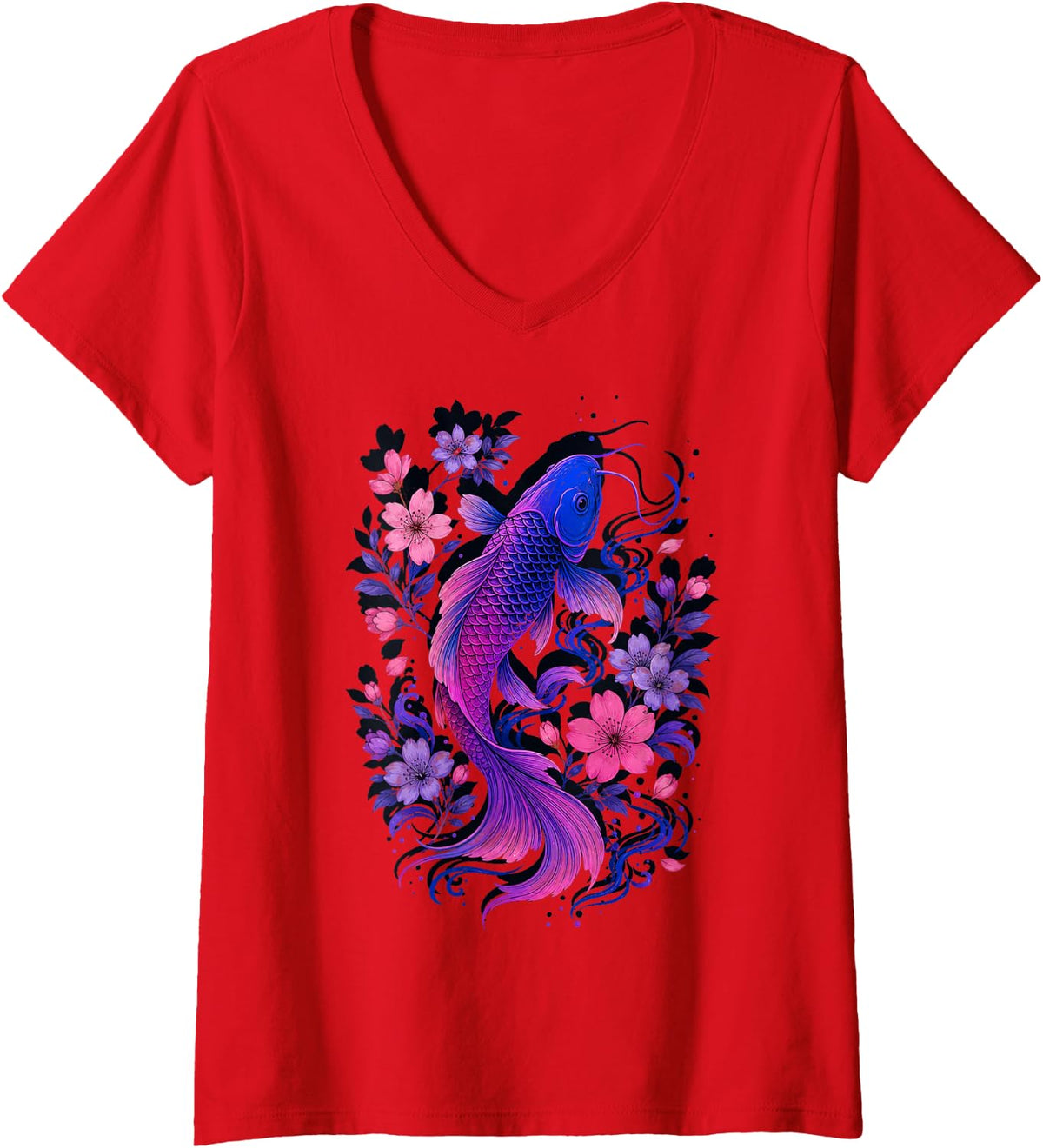 Women's Koi Fish with Floral Elements Illustration V-Neck T-Shirt - Red