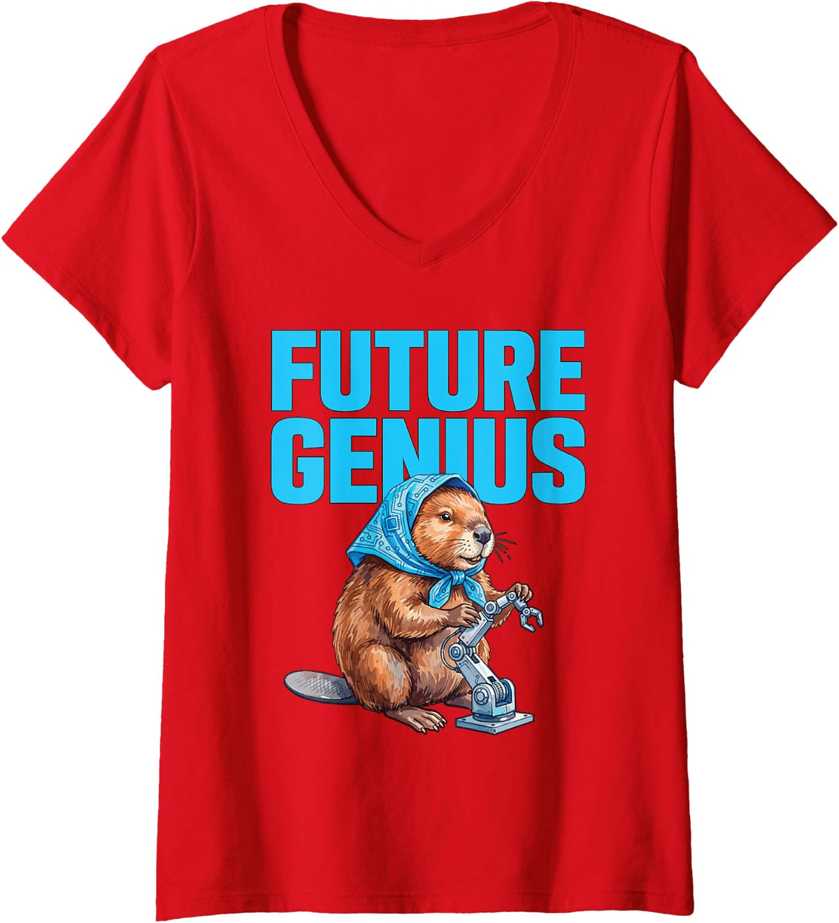 Women's Future Genius Beaver Engineer STEM Robotics Builder Pun V-Neck T-Shirt - Red