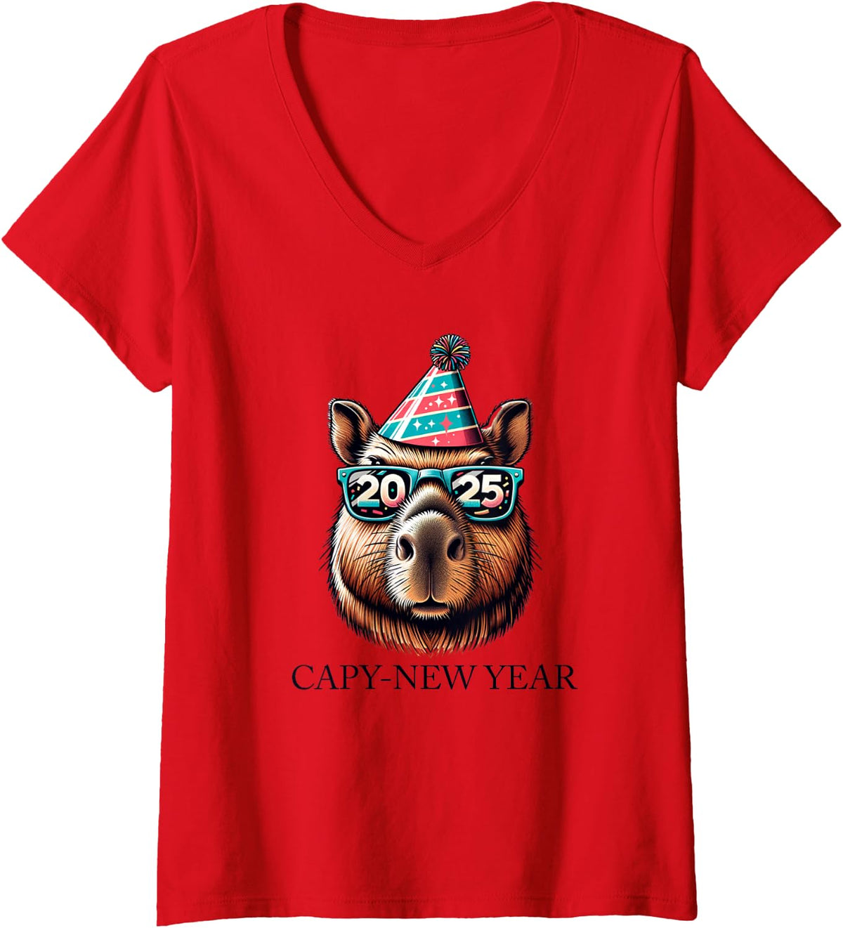 Women's Capy New Year 2025, Capybara New Year V-Neck T-Shirt - Red