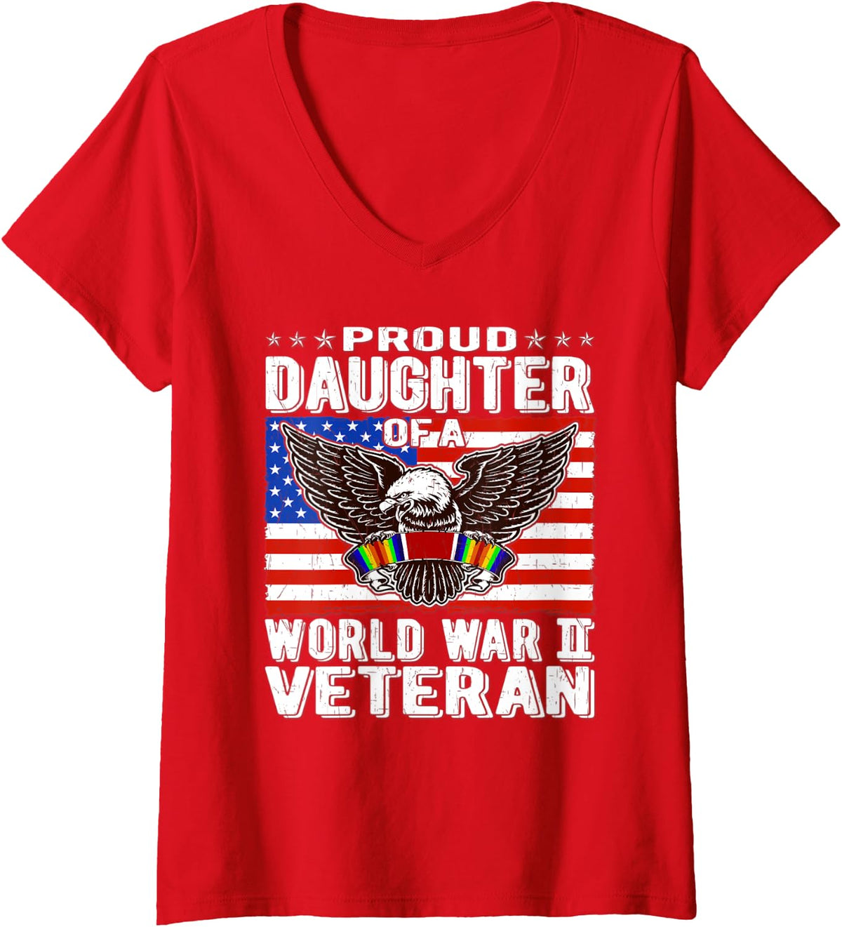 Womens Proud Daughter Of A World War 2 Veteran Patriotic WW2 Child V-Neck T-Shirt - Red