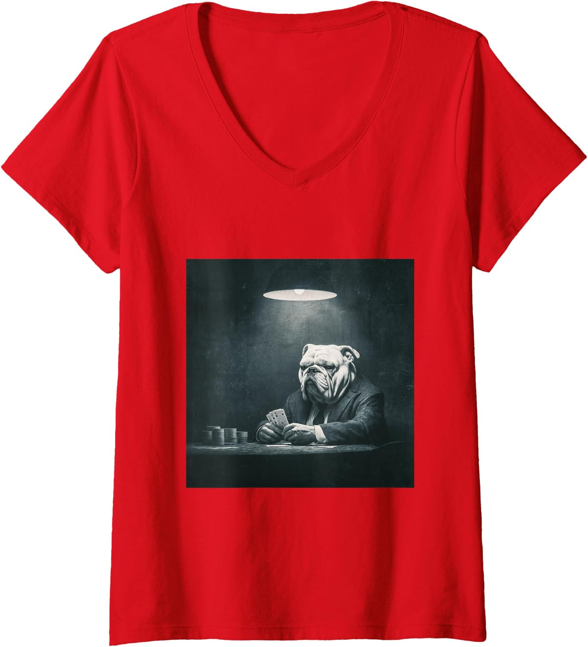 Women's Bulldog Poker Player Noir Gambling Cards V-Neck T-Shirt - Red