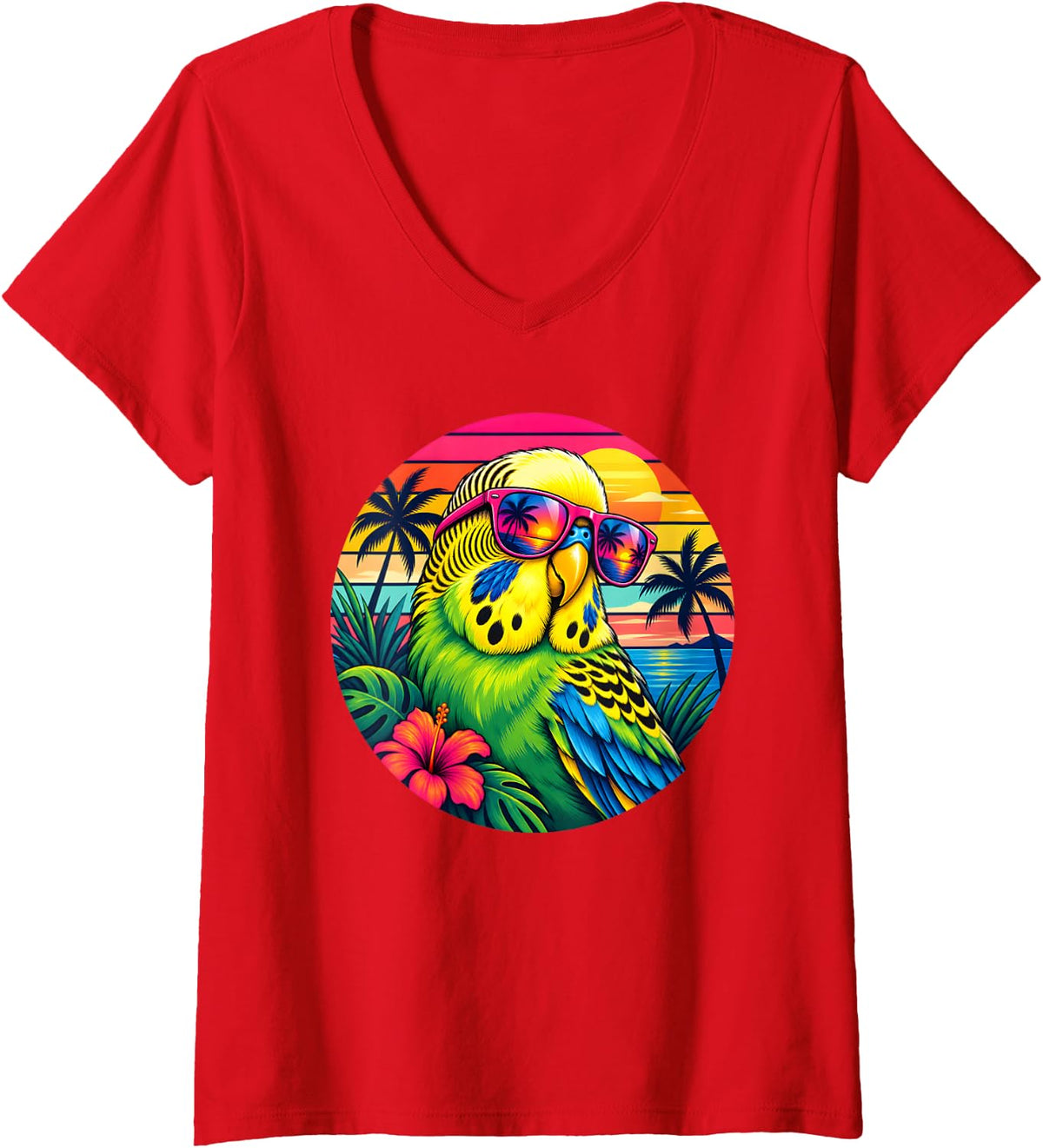 Women's Budgie Parakeet Lover Retro Sunset Tropical Bird V-Neck T-Shirt - Red