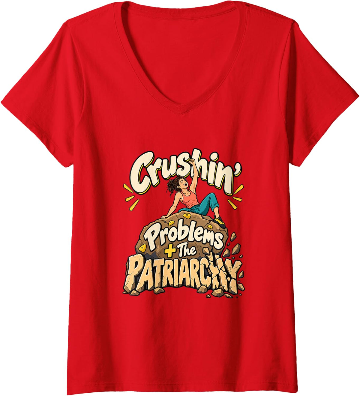 Women's Women's Rock Climbing Crushin Problems Patriarchy V-Neck T-Shirt - Red