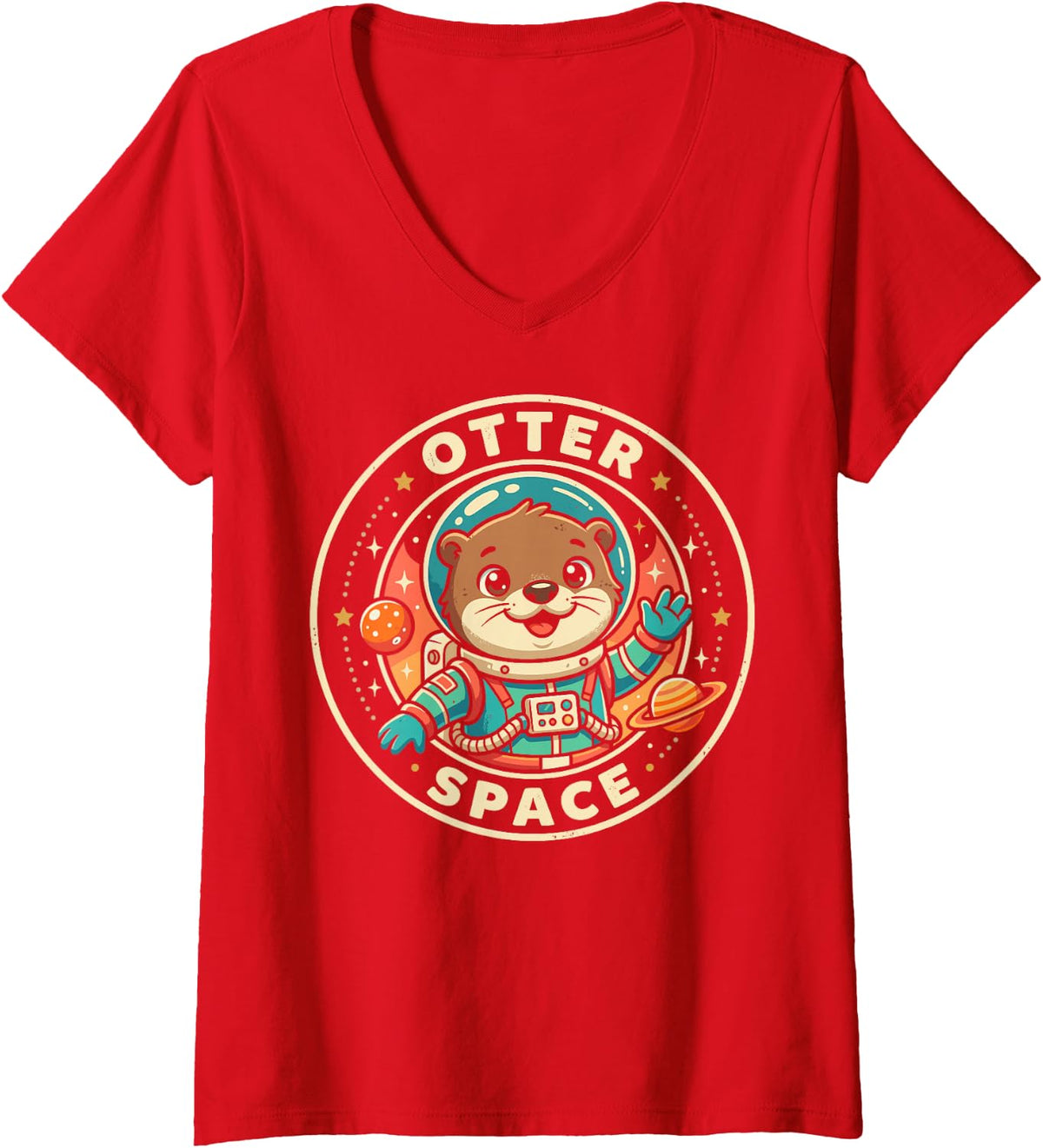 Women's Funny Otters Tee Otter Space Astronaut Sea Wildlife Zoo Meme V-Neck T-Shirt - Red