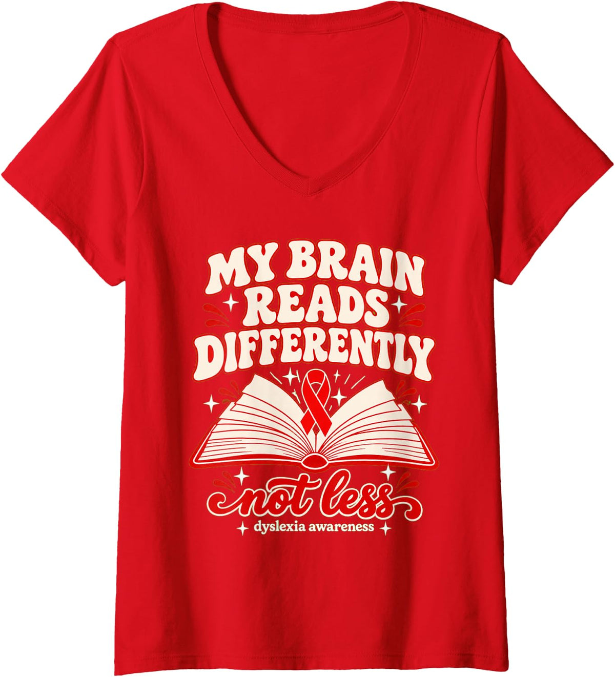 Women's Dyslexia Awareness Neurodiversity Reader Graphic V-Neck T-Shirt - Red