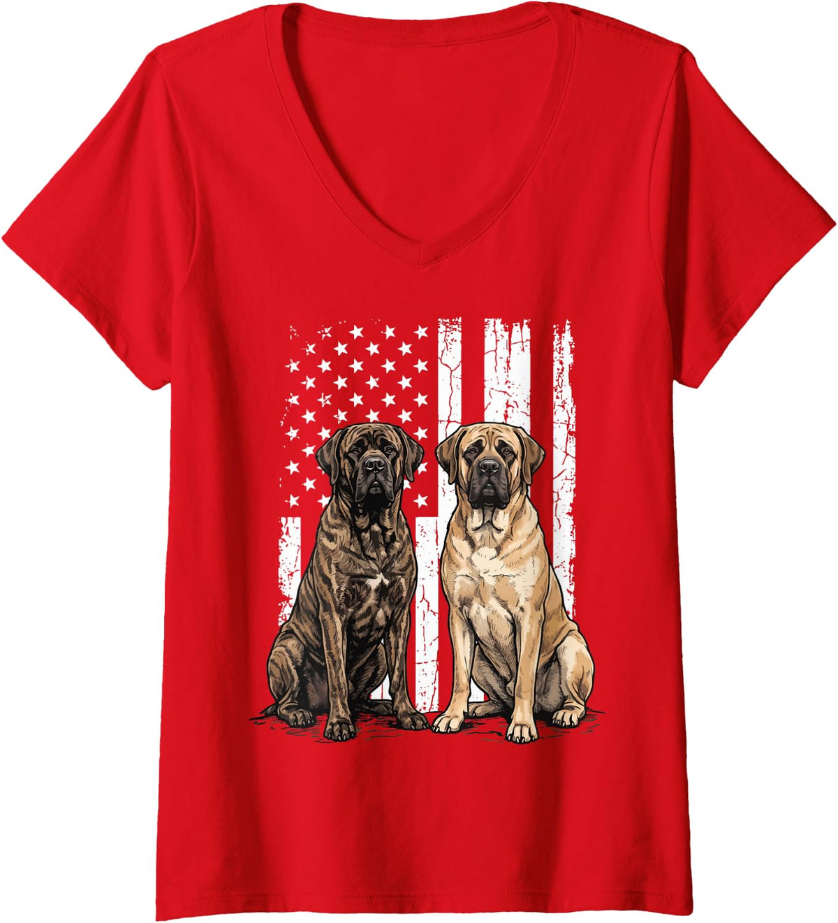 Women's English Mastiff US Flag 4th of July V-Neck T-Shirt - Red