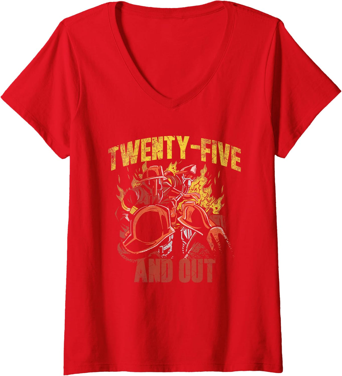 Women's Twenty-Five and Out Retired Firefighter Fireman Fire Dept V-Neck T-Shirt - Red