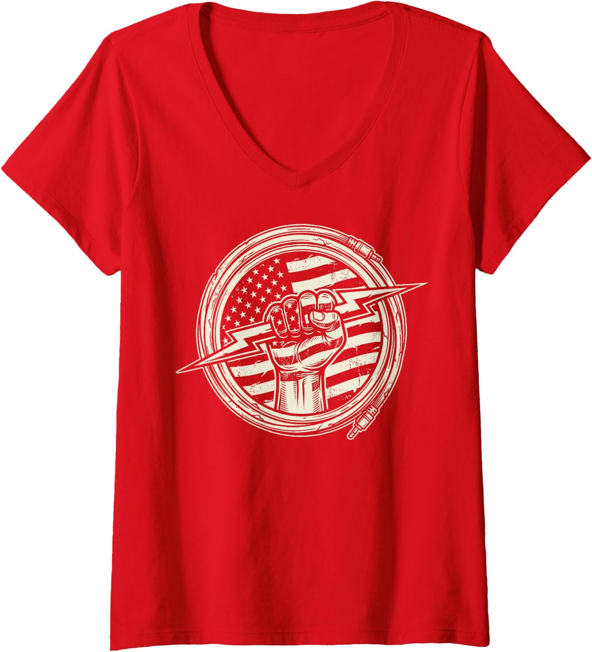 Women's American US Flag Electrician Lightning Electrical Worker Tee V-Neck T-Shirt - Red