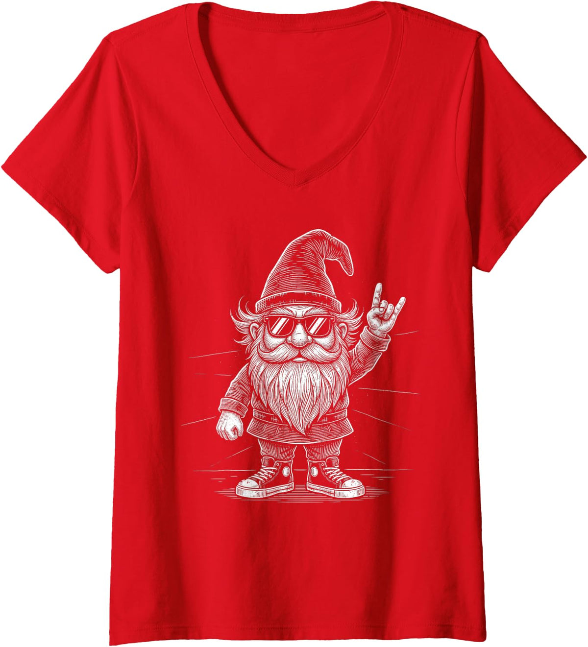 Women's Garden Gnome Rock Salute Bearded Headbanger Illustration V-Neck T-Shirt - Red