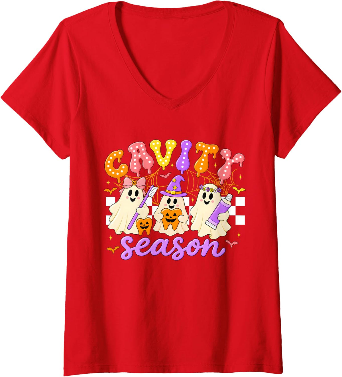Women's Halloween Dentist Cavity Season Dental Women Men V-Neck T-Shirt - Red