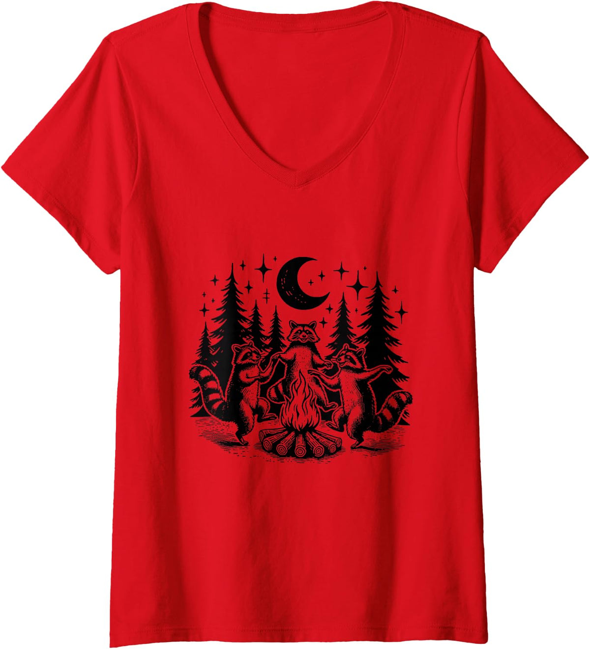 Women's Campfire Vintage Cute Racoon Camping Funny Raccoon V-Neck T-Shirt - Red