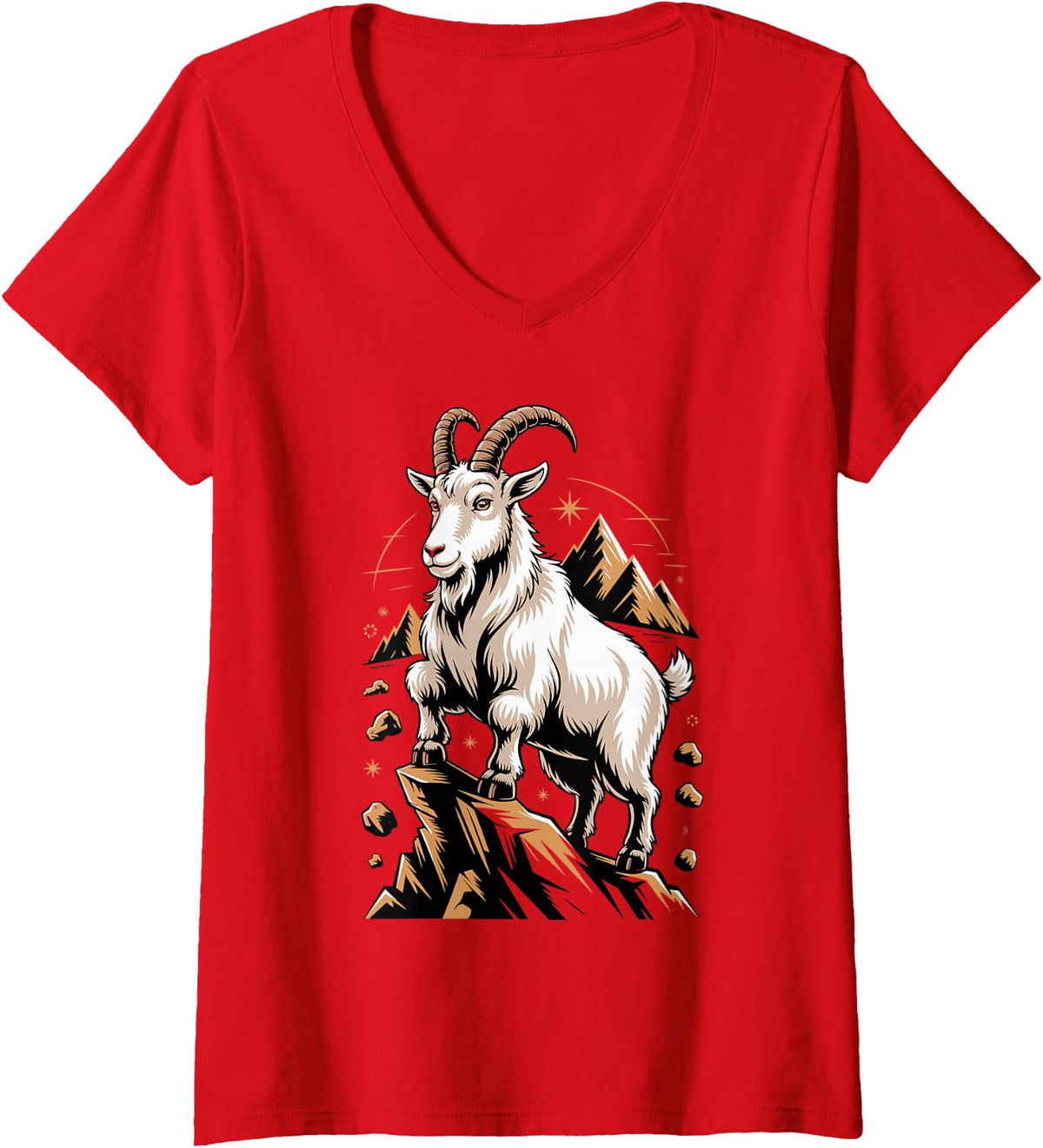 Women's Mountain Goat Alpine Mountaineering Climber V-Neck T-Shirt - Red