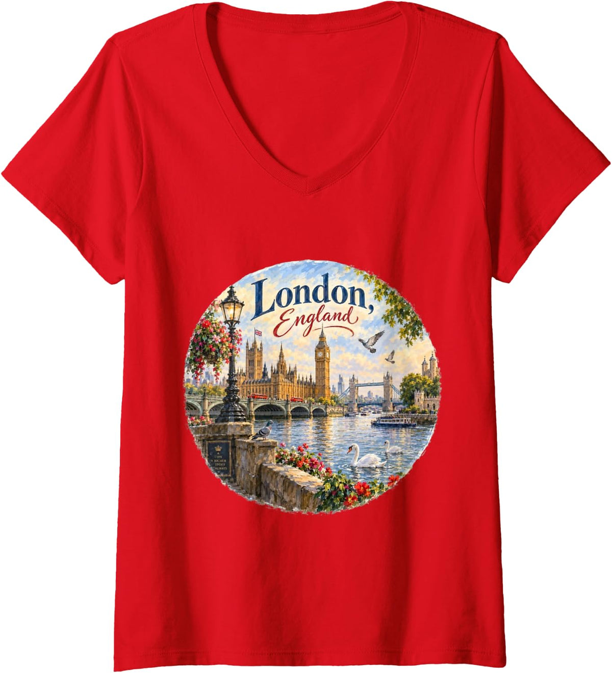 Women's London England, Europe, Big Ben, Bridge Castle V-Neck T-Shirt - Red