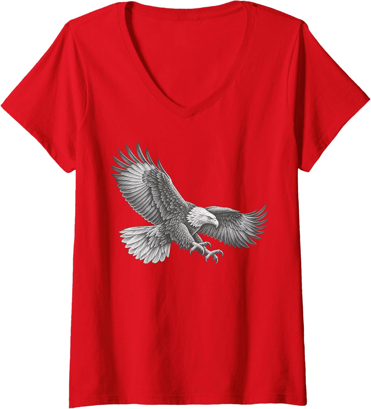 Women's Bald Eagle Diving Swoop Engraved Line Art V-Neck T-Shirt - Red