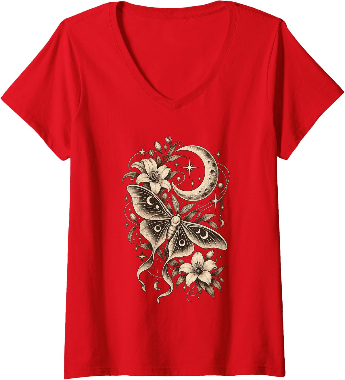 Women's Celestial Moth Crescent Moon Floral Flower Stars Vintage V-Neck T-Shirt - Red
