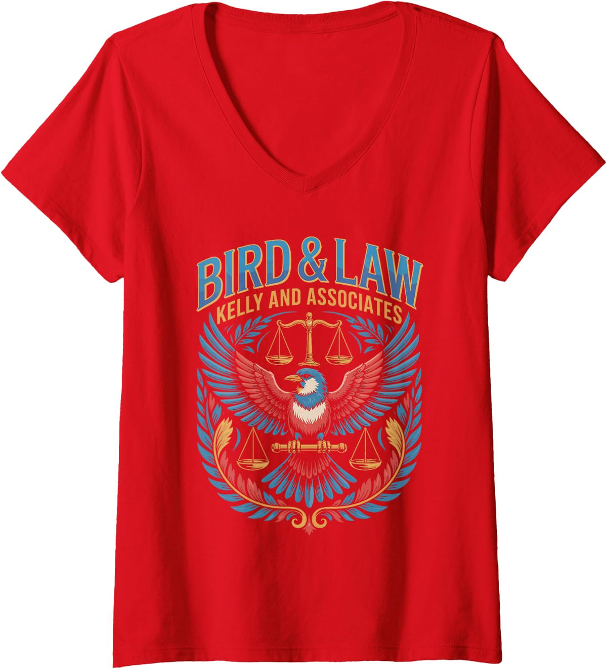 Women's Bird Lawyer Parody with Scales and Birds V-Neck T-Shirt - Red