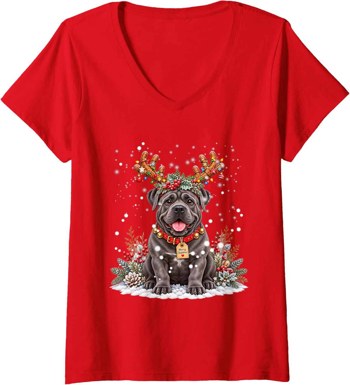 Women's Cane Corso Christmas Reindeer Lights Dog Lover Festive Xmas V-Neck T-Shirt - Red