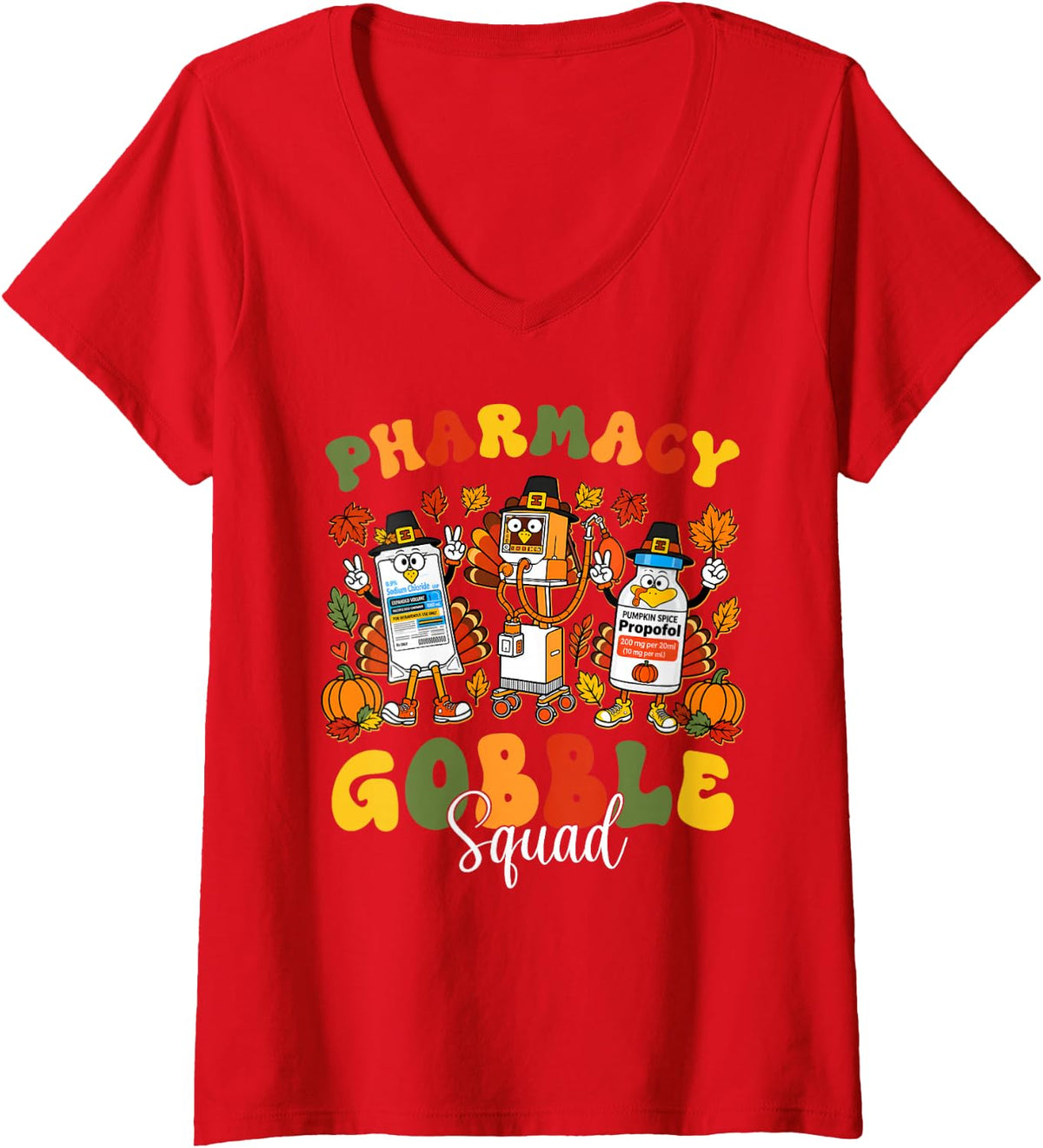 Women's Pharmacy Tech Gobble Squad Turkey Stethoscope Thanksgiving V-Neck T-Shirt - Red