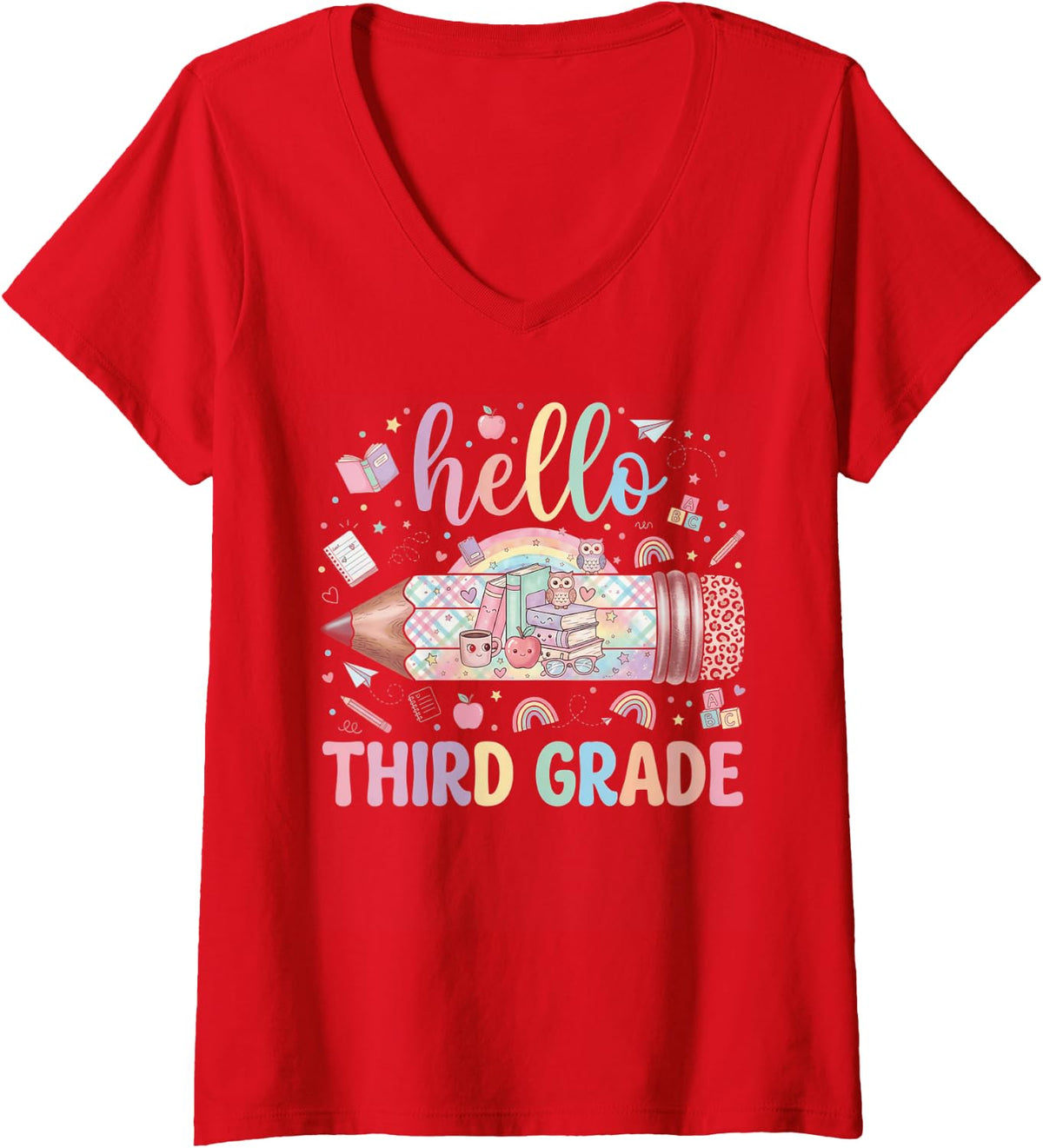 Women's Hello Third Grade Leopard Back to School for Kids Teachers V-Neck T-Shirt - Red