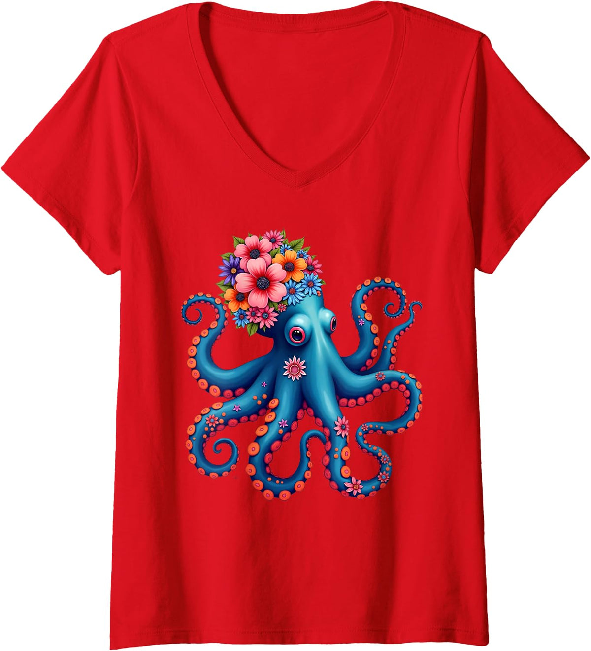 Women's Cute Floral Ocean Octopus Vintage Marine Life Floral Sea Art V-Neck T-Shirt - Red