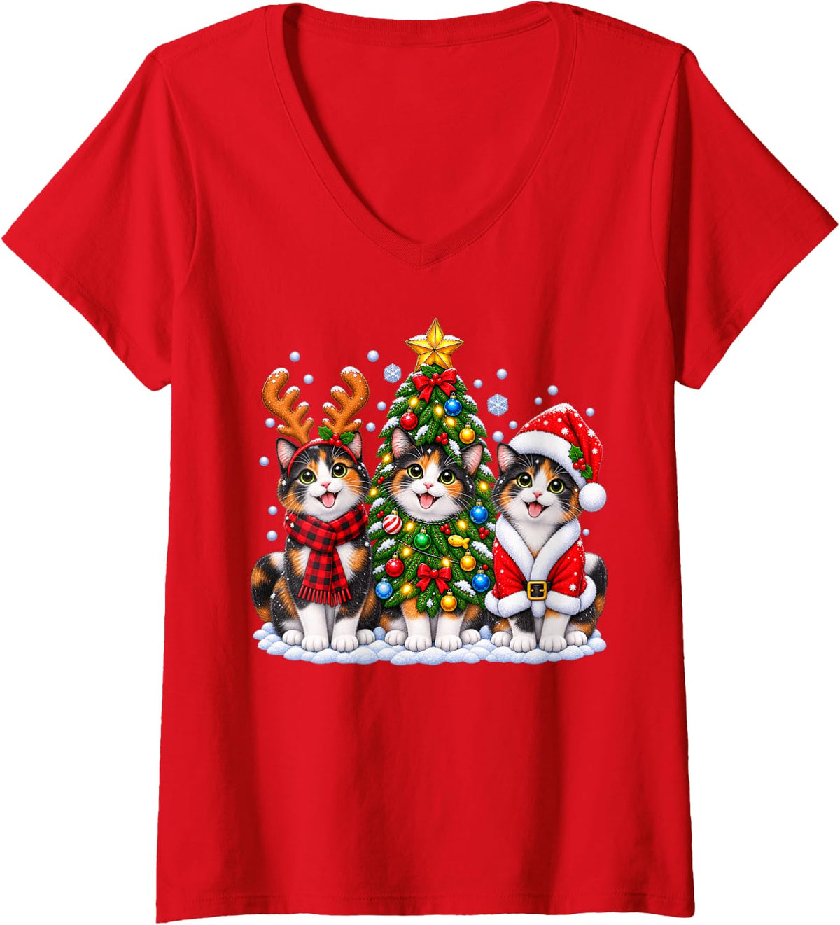 Women's Calico Cat Merry Christmas Santa Hat Holidays Xmas V-Neck T-Shirt - Red