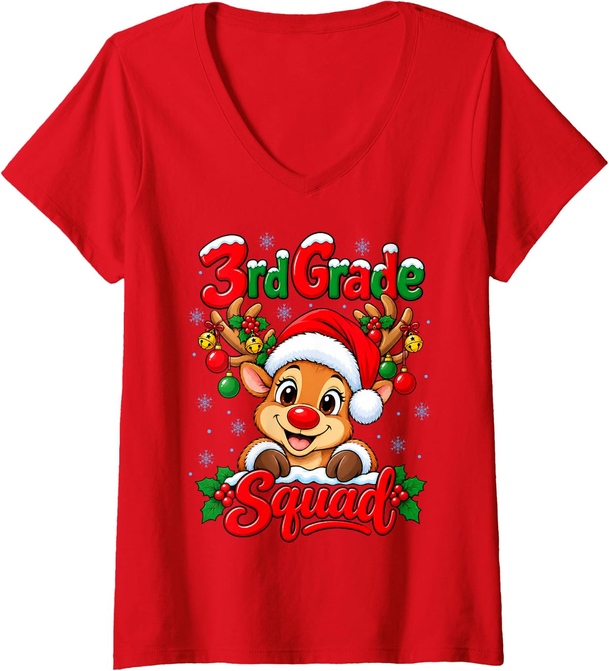 Women's Third 3rd Grade Squad Christmas Reindeer Students Teachers V-Neck T-Shirt - Red