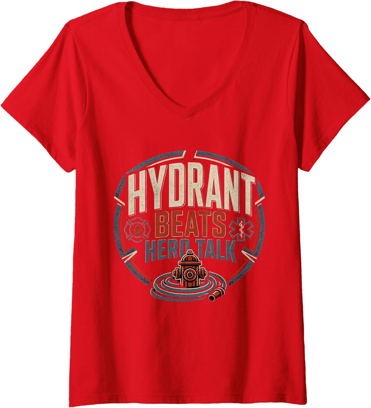 Women's Hydrant Beats Hero Talk Firefighter Paramedic V-Neck T-Shirt - Red