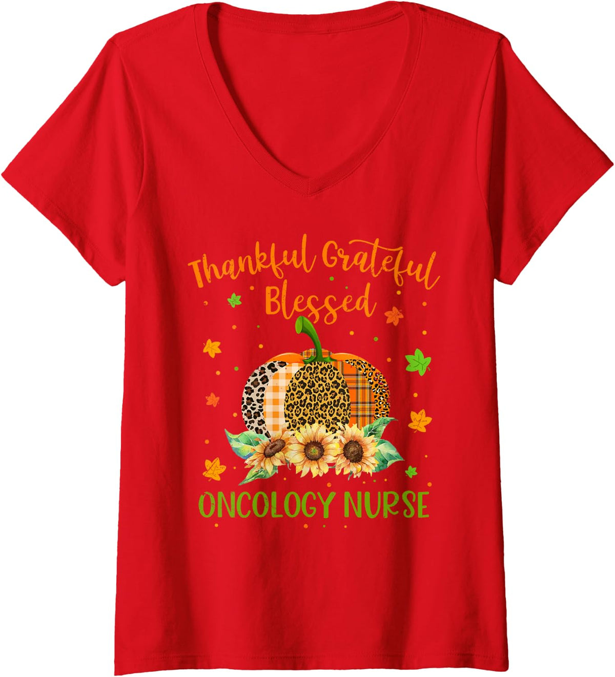 Women's Thankful Oncology Nurse Pumpkin Sunflower Thanksgiving V-Neck T-Shirt - Red