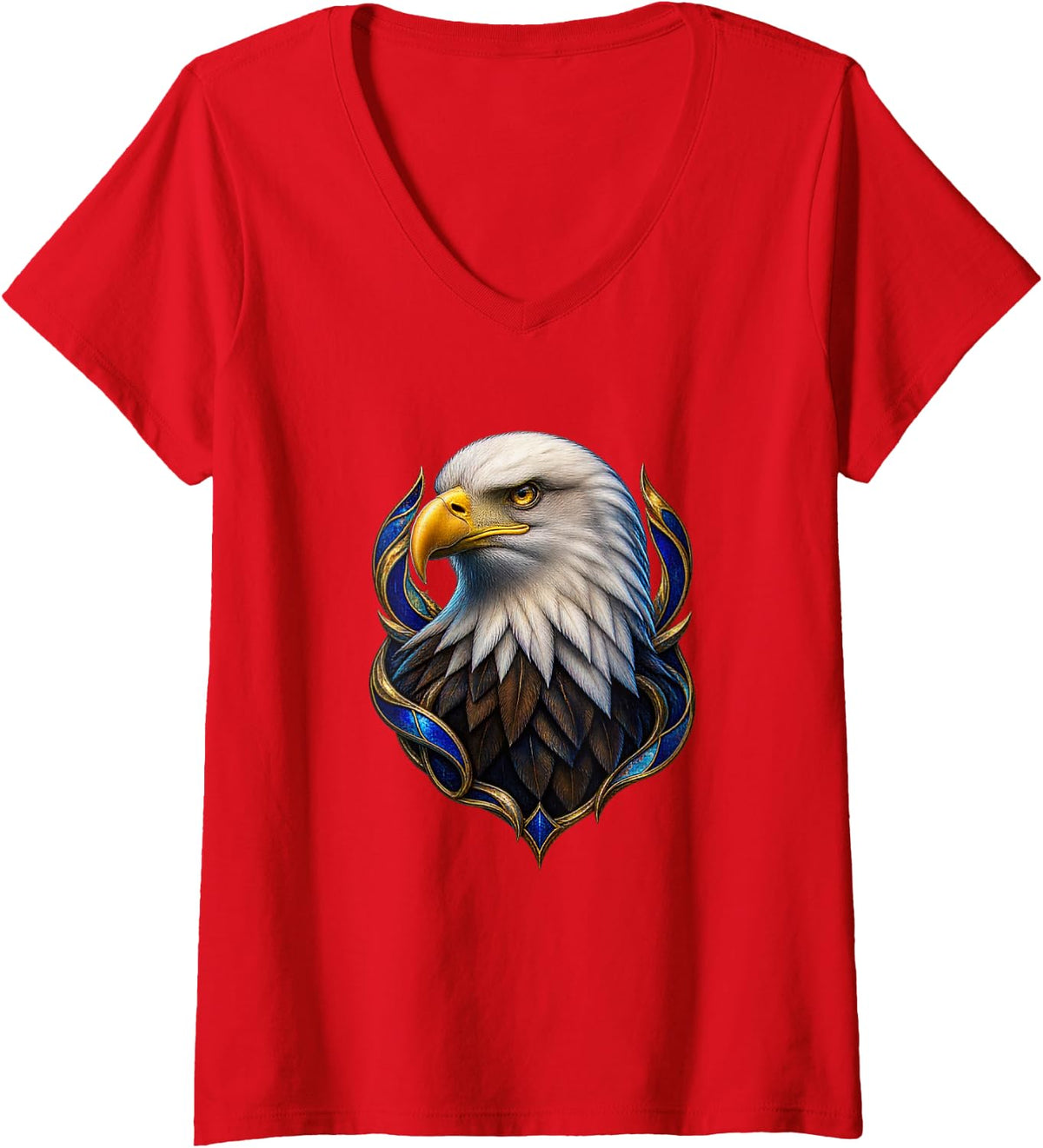 Women's Bald Eagle with Azure Curved Panels V-Neck T-Shirt - Red