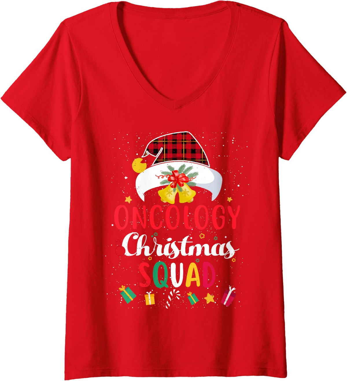 Women's Oncology Christmas Squad Santa Hat Oncologist Match V-Neck T-Shirt - Red