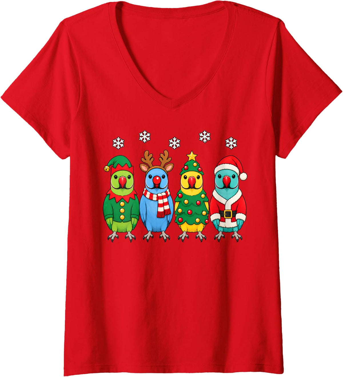 Women's Indian Ringneck Parrot Christmas Reindeer Santa Bird V-Neck T-Shirt - Red