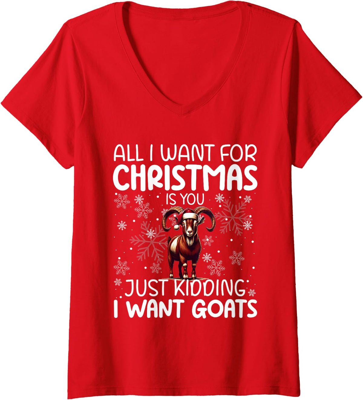 Women's Goat Funny Xmas Sunglasses Santa Hat Snowflakes Novelty V-Neck T-Shirt - Red