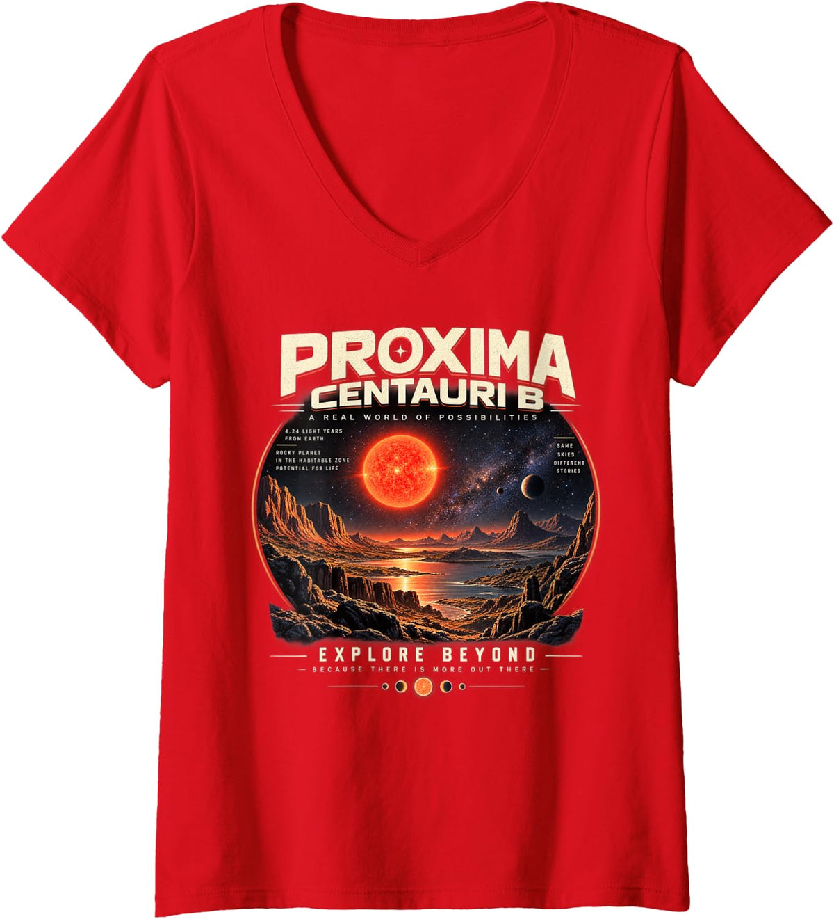 Women's Proxima Centauri B Exoplanet Astronomy Habitable Zone V-Neck T-Shirt - Red