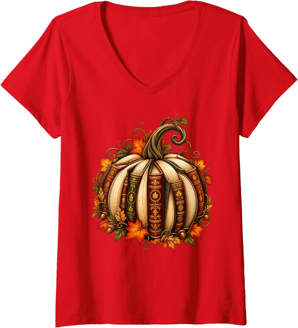 Women's Pumpkin Books Autumn Fall Reading Bibliophile Aesthetic V-Neck T-Shirt - Red
